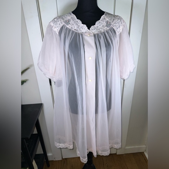VINTAGE Shadowline Pink Sheer Lace Nightgown with Embroidered Flowers - Picture 1 of 10